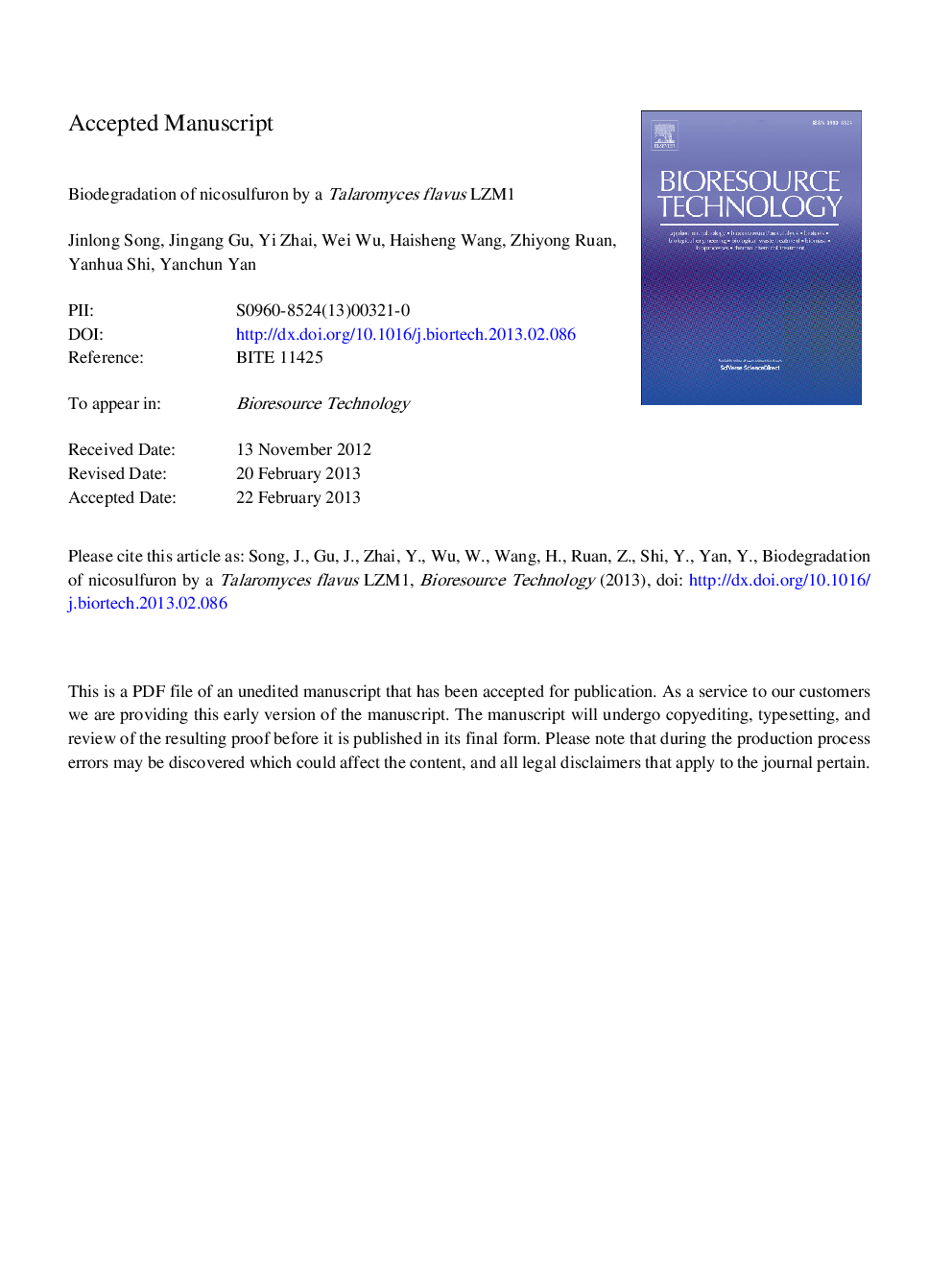 عکس صفحه اول مقاله: Biodegradation of nicosulfuron by a Talaromyces flavus LZM1 Biodegradation of nicosulfuron by a Talaromyces flavus LZM1