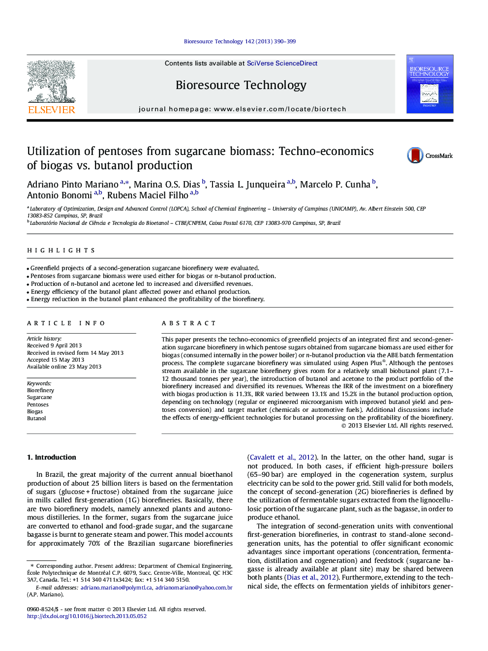 Utilization of pentoses from sugarcane biomass: Techno-economics of biogas vs. butanol production