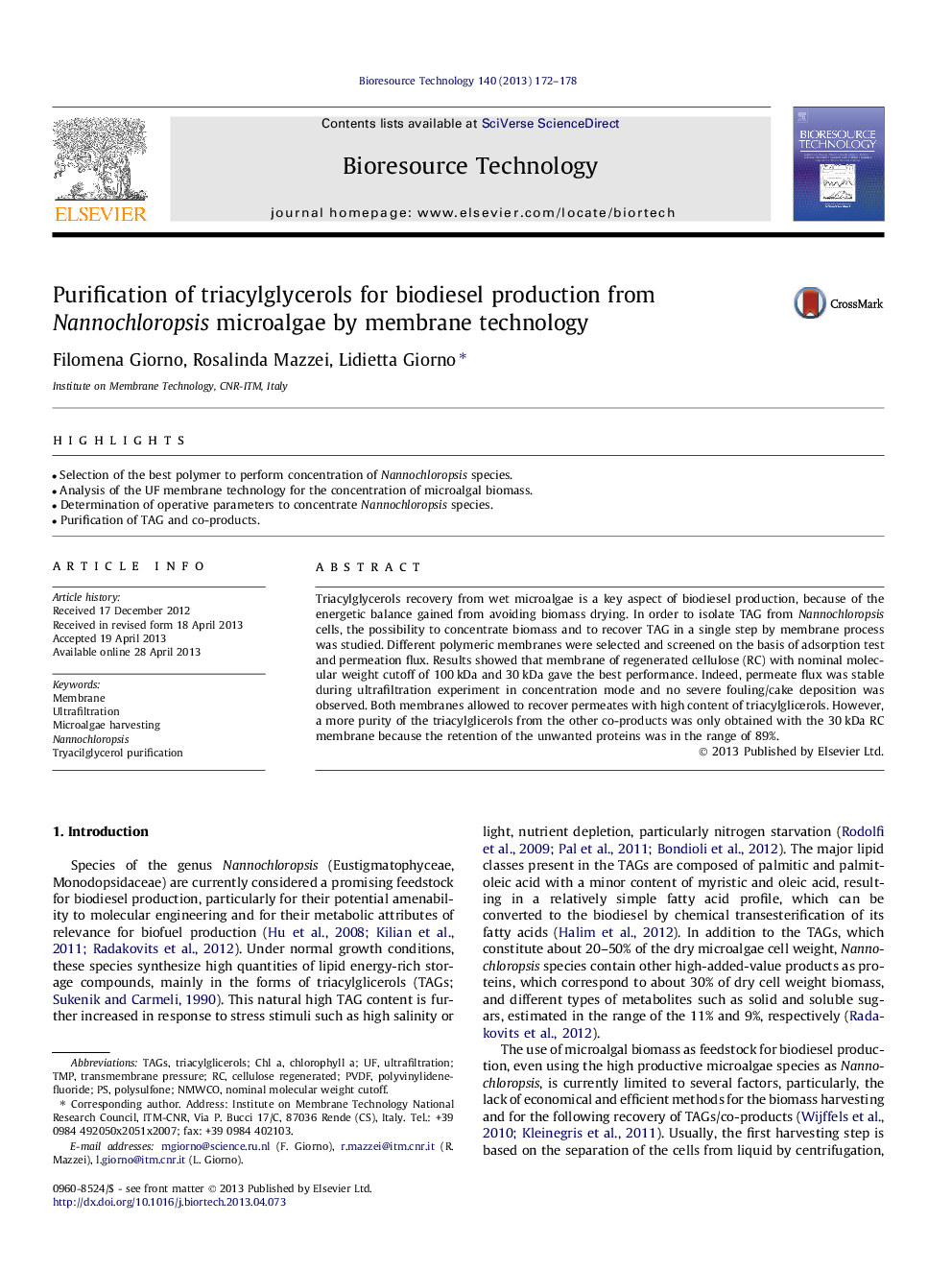 Purification of triacylglycerols for biodiesel production from Nannochloropsis microalgae by membrane technology