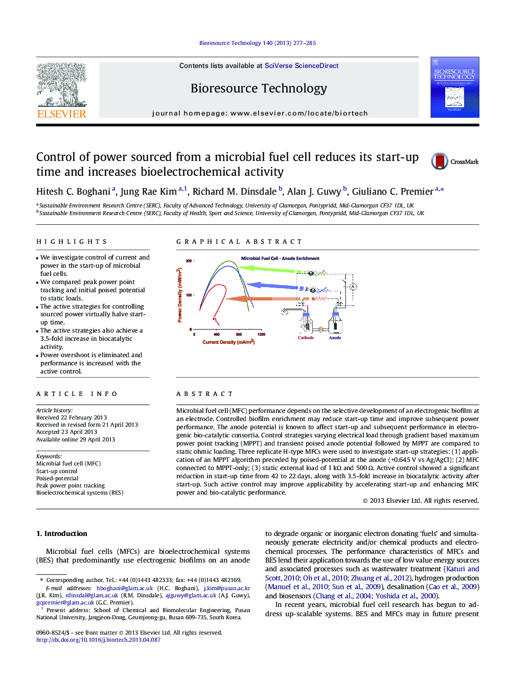 Control of power sourced from a microbial fuel cell reduces its start-up time and increases bioelectrochemical activity