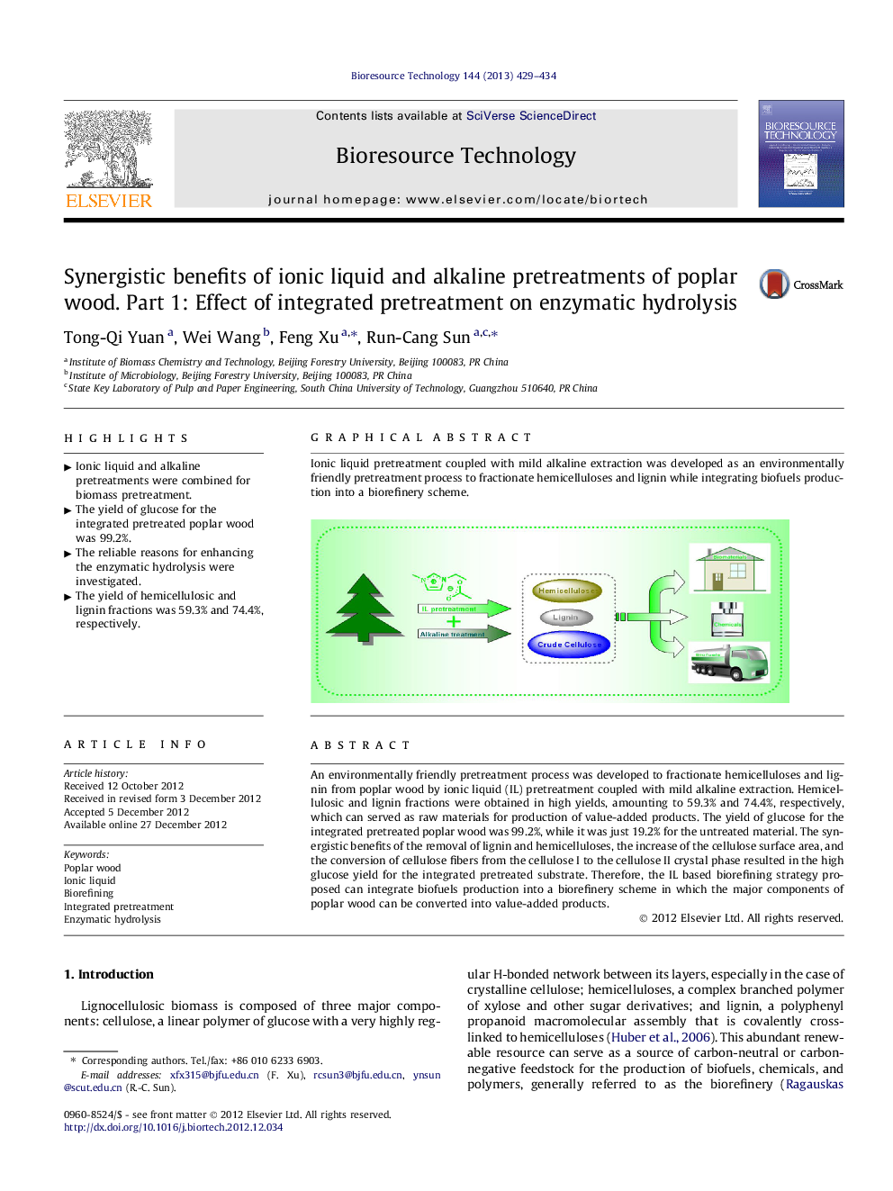 Synergistic benefits of ionic liquid and alkaline pretreatments of poplar wood. Part 1: Effect of integrated pretreatment on enzymatic hydrolysis