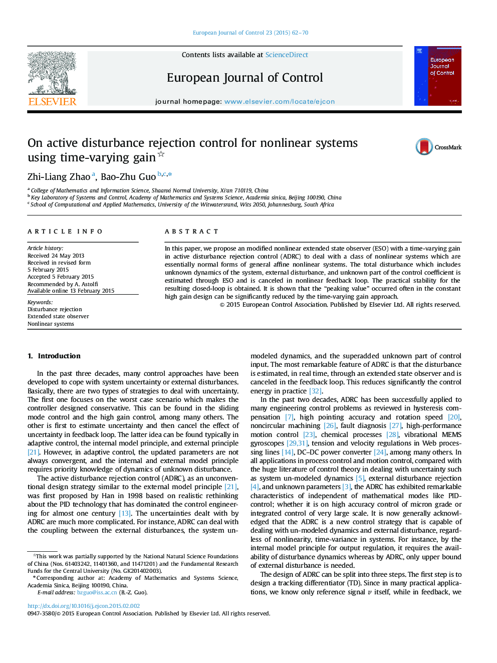 On active disturbance rejection control for nonlinear systems using time-varying gain 