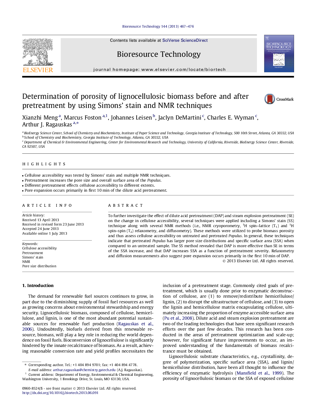 Determination of porosity of lignocellulosic biomass before and after pretreatment by using Simons' stain and NMR techniques