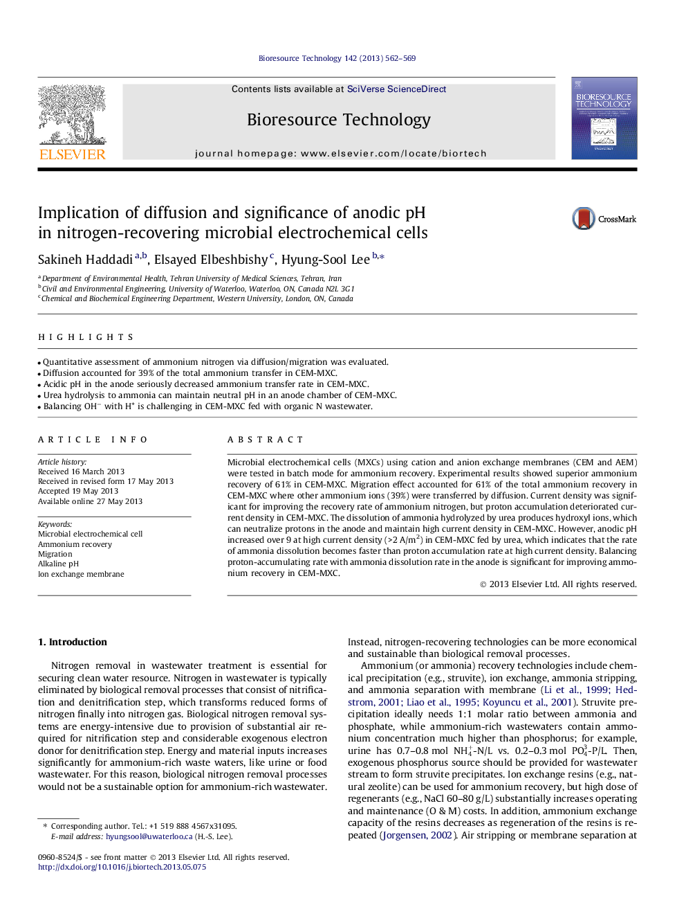 Implication of diffusion and significance of anodic pH in nitrogen-recovering microbial electrochemical cells