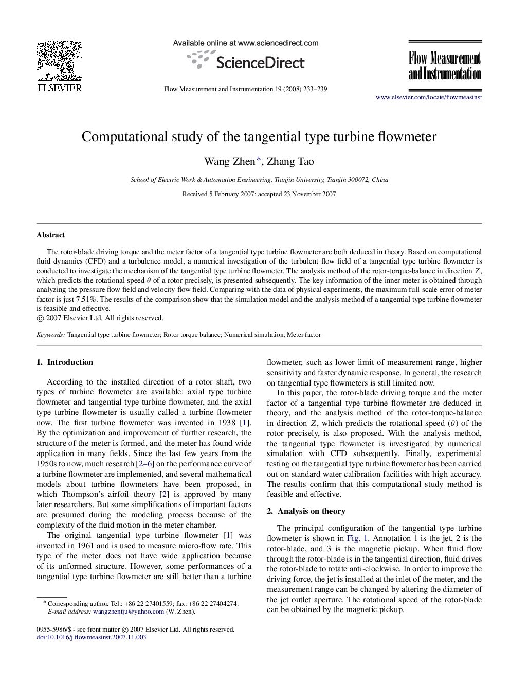 عکس صفحه اول مقاله: Computational study of the tangential type turbine flowmeter Computational study of the tangential type turbine flowmeter