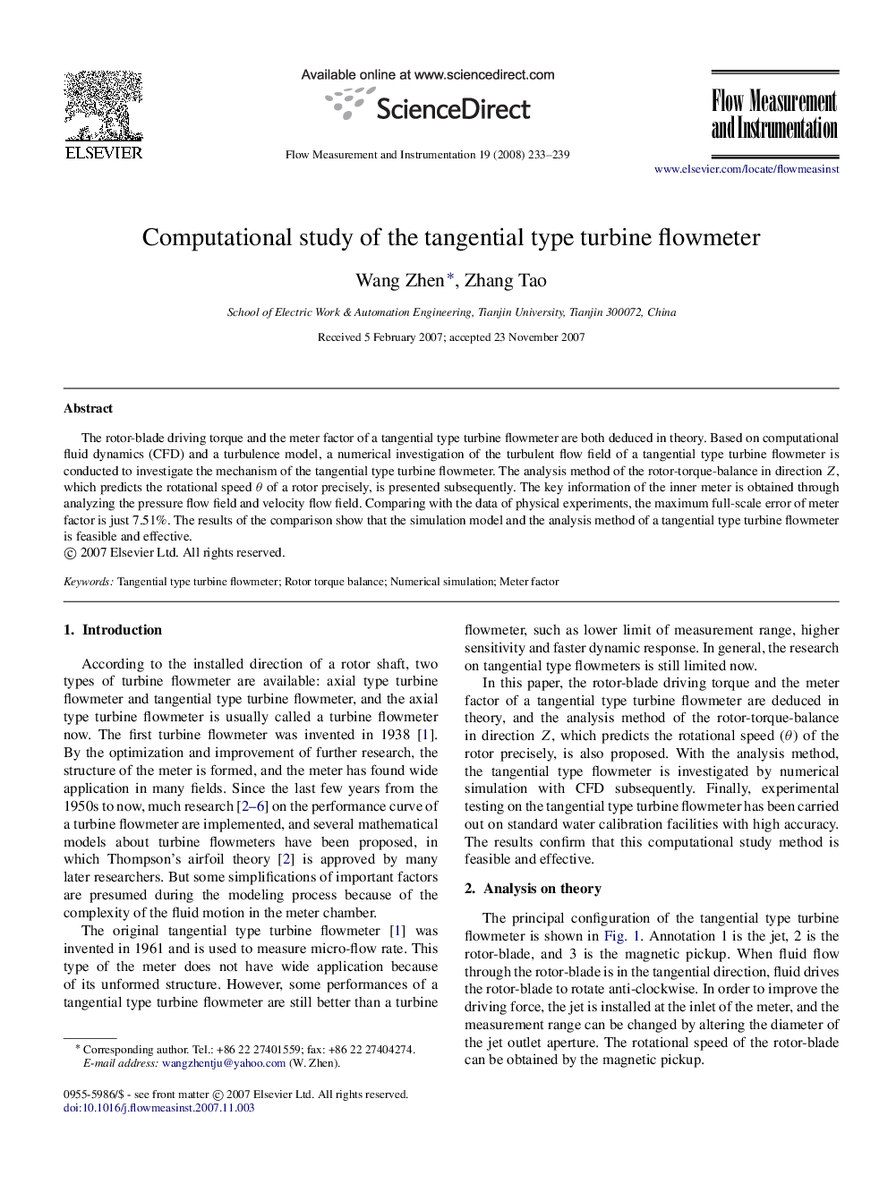 Computational study of the tangential type turbine flowmeter