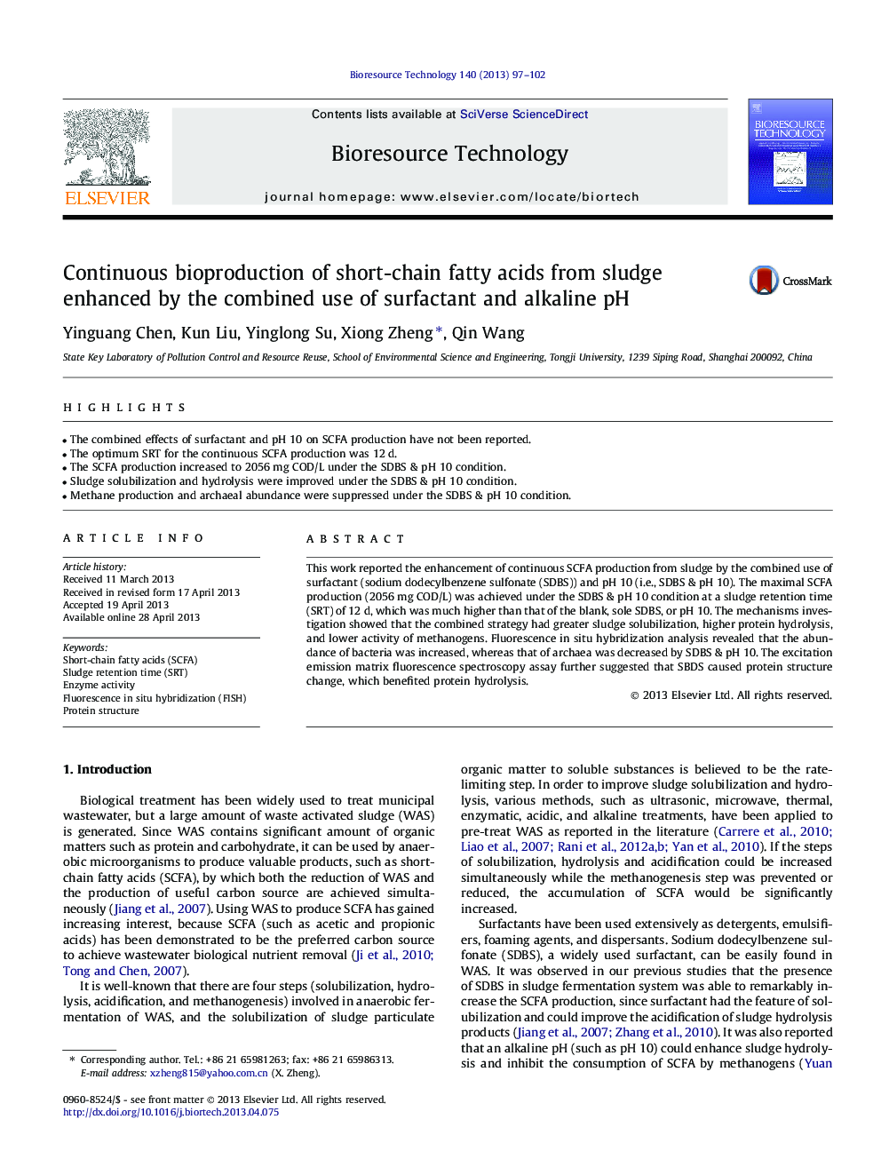 عکس صفحه اول مقاله: Continuous bioproduction of short-chain fatty acids from sludge enhanced by the combined use of surfactant and alkaline pH Continuous bioproduction of short-chain fatty acids from sludge enhanced by the combined use of surfactant and alkaline pH