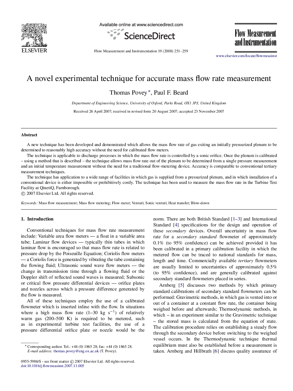 A novel experimental technique for accurate mass flow rate measurement