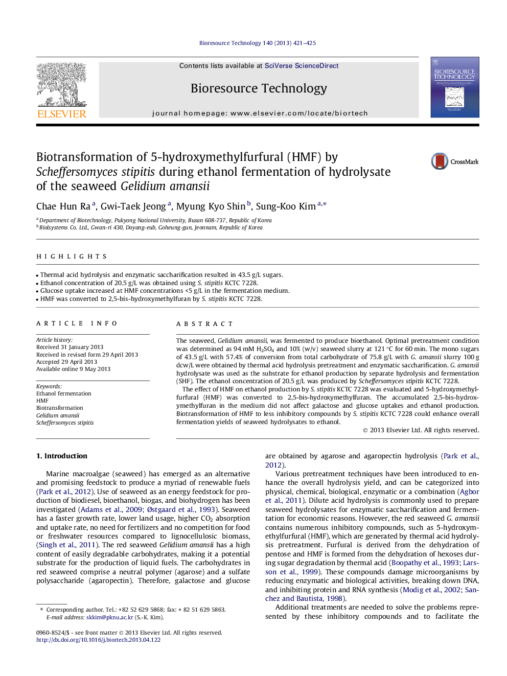 Biotransformation of 5-hydroxymethylfurfural (HMF) by Scheffersomyces stipitis during ethanol fermentation of hydrolysate of the seaweed Gelidium amansii