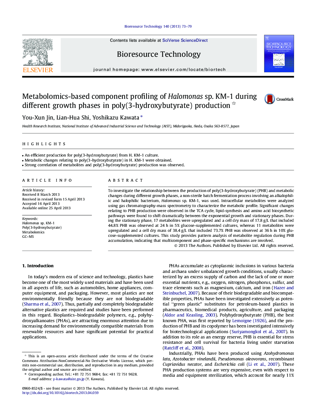 Metabolomics-based component profiling of Halomonas sp. KM-1 during different growth phases in poly(3-hydroxybutyrate) production