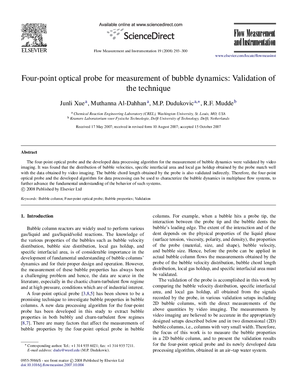 Four-point optical probe for measurement of bubble dynamics: Validation of the technique