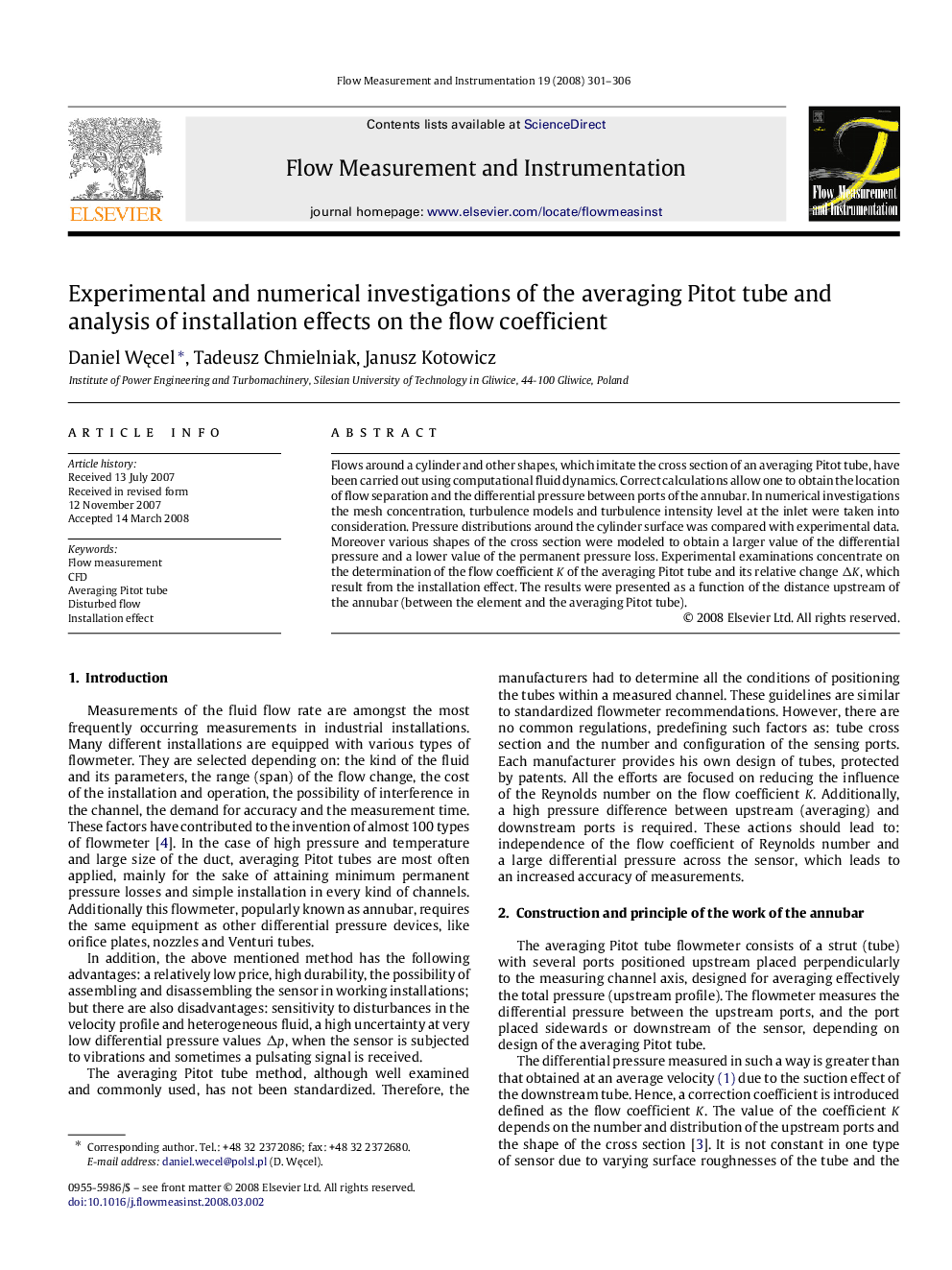 Experimental and numerical investigations of the averaging Pitot tube and analysis of installation effects on the flow coefficient