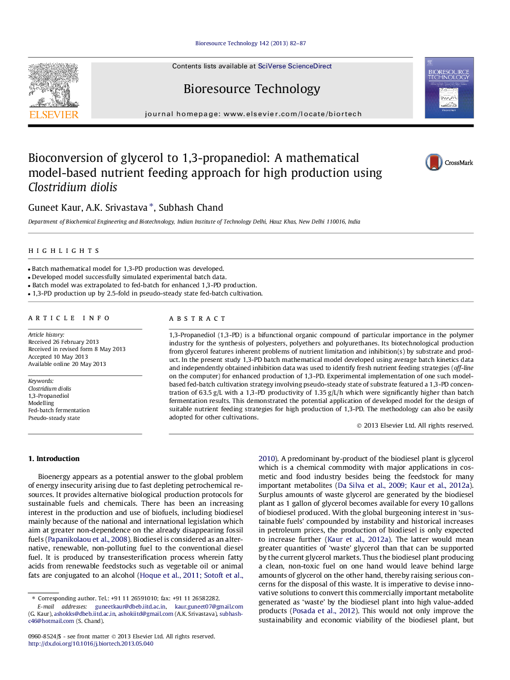 Bioconversion of glycerol to 1,3-propanediol: A mathematical model-based nutrient feeding approach for high production using Clostridium diolis