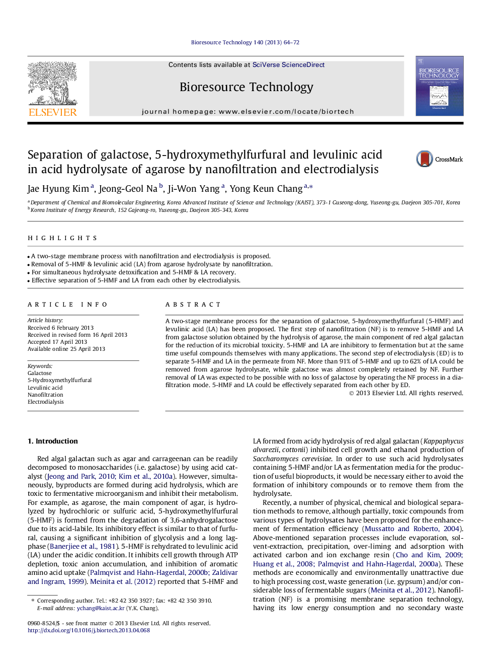 Separation of galactose, 5-hydroxymethylfurfural and levulinic acid in acid hydrolysate of agarose by nanofiltration and electrodialysis