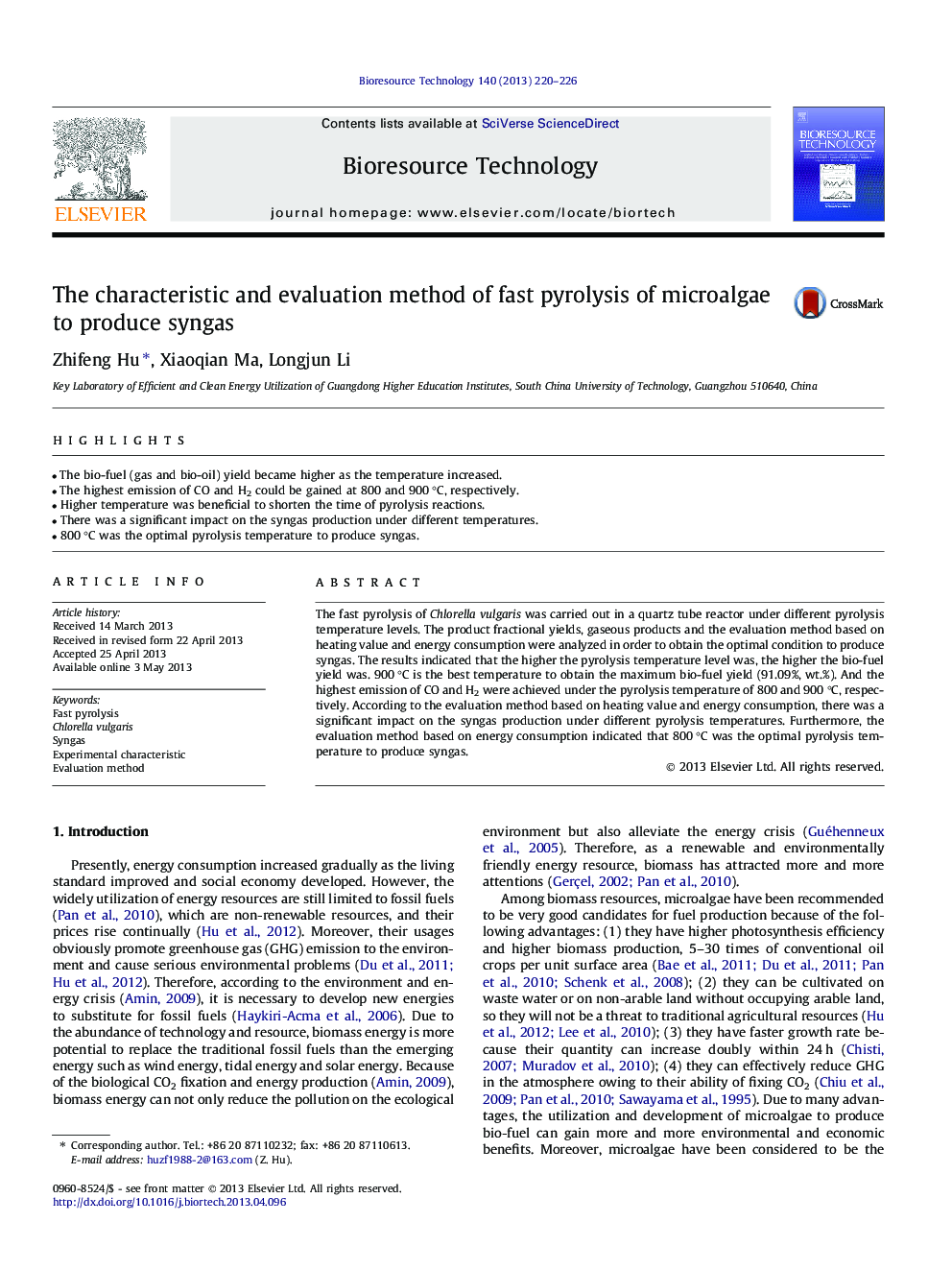 The characteristic and evaluation method of fast pyrolysis of microalgae to produce syngas