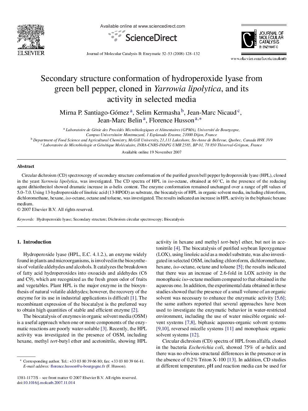 Secondary structure conformation of hydroperoxide lyase from green bell pepper, cloned in Yarrowia lipolytica, and its activity in selected media