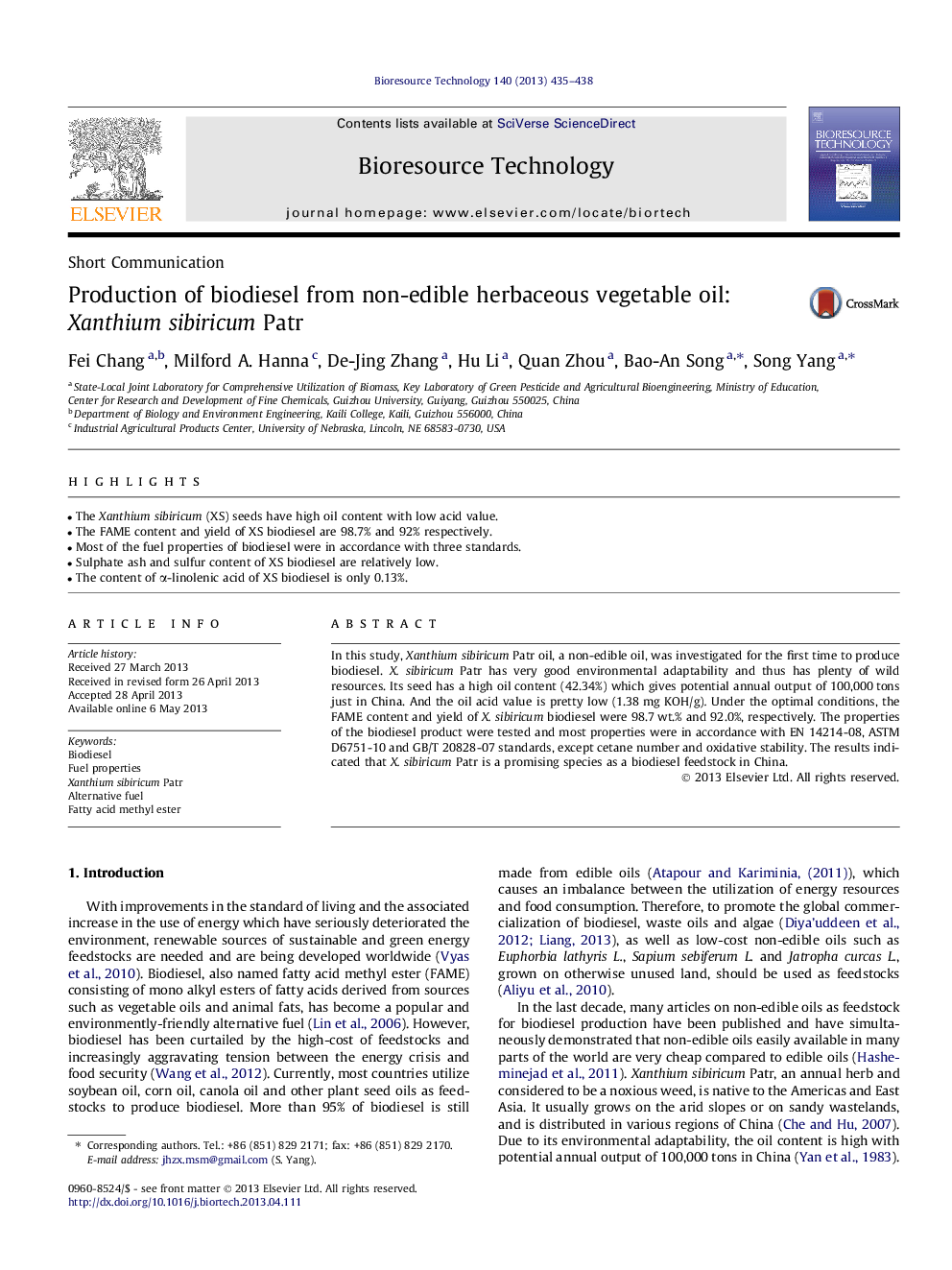 Production of biodiesel from non-edible herbaceous vegetable oil: Xanthium sibiricum Patr