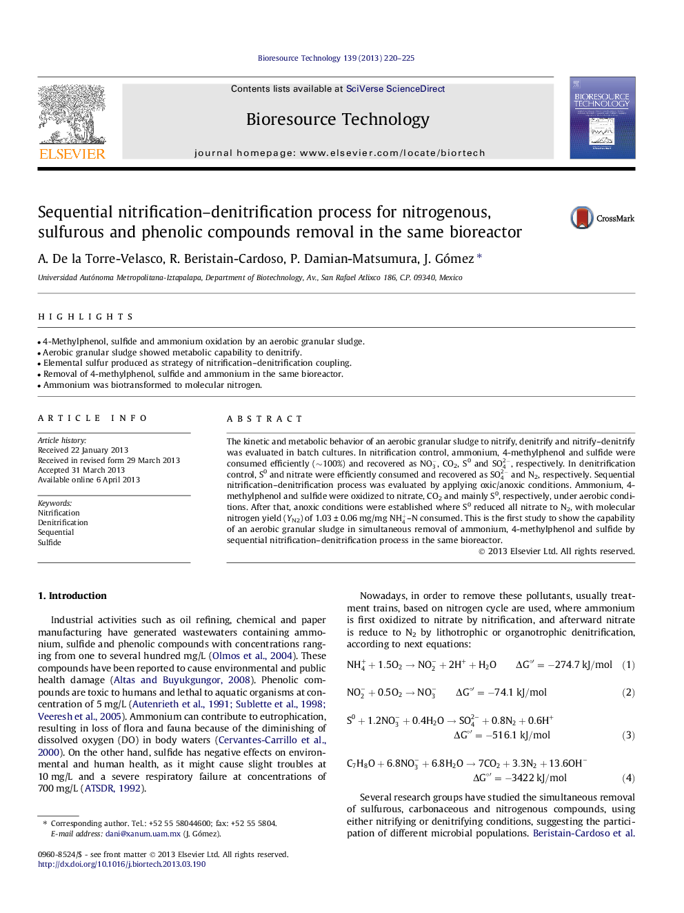 Sequential nitrification-denitrification process for nitrogenous, sulfurous and phenolic compounds removal in the same bioreactor