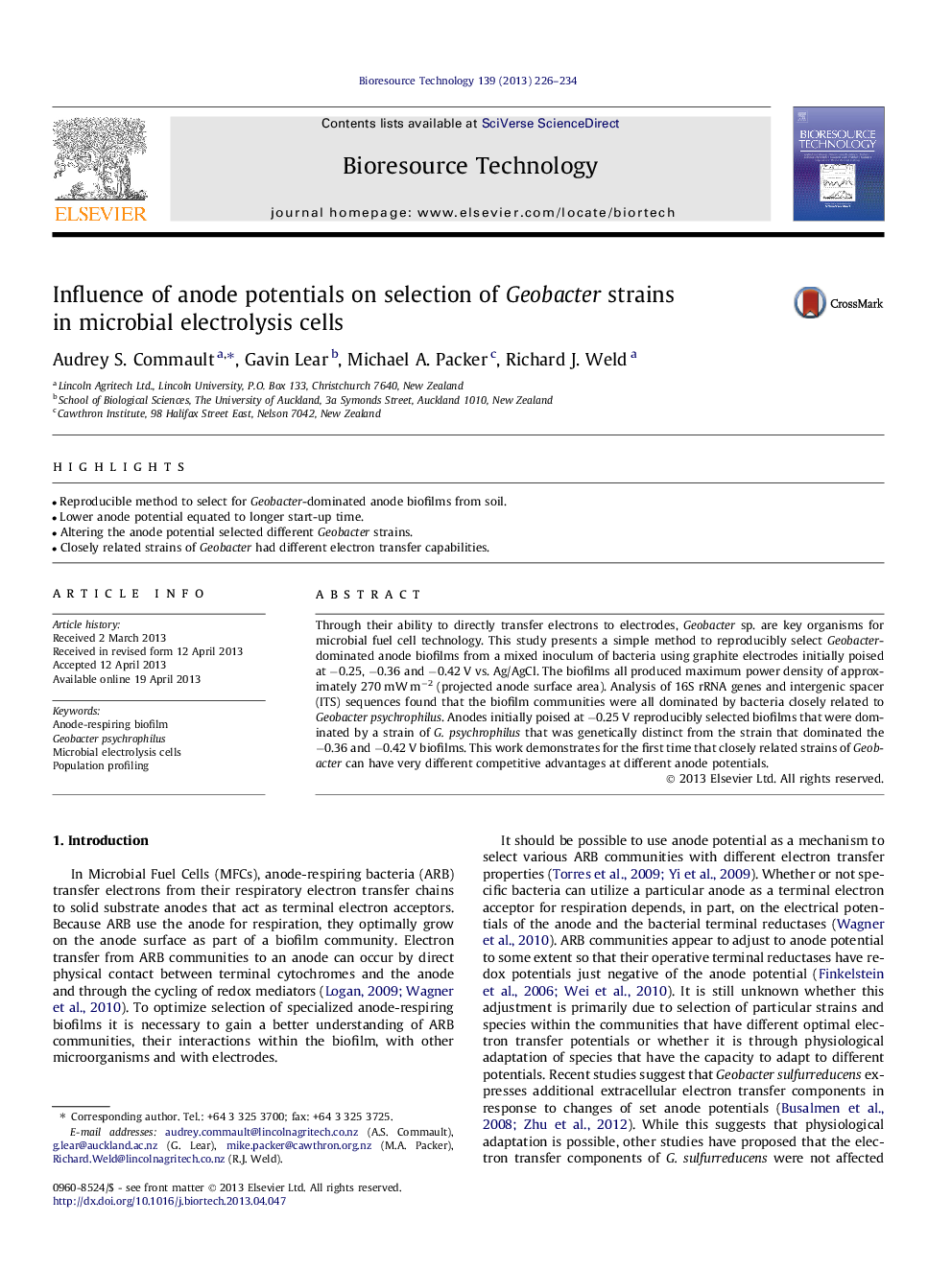 Influence of anode potentials on selection of Geobacter strains in microbial electrolysis cells