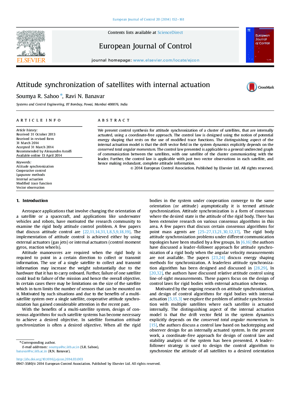 Attitude synchronization of satellites with internal actuation