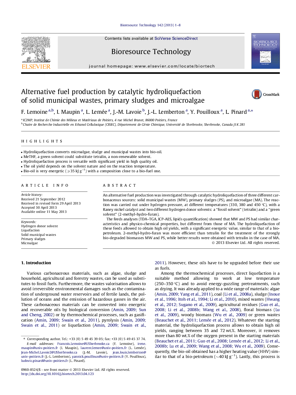 Alternative fuel production by catalytic hydroliquefaction of solid municipal wastes, primary sludges and microalgae