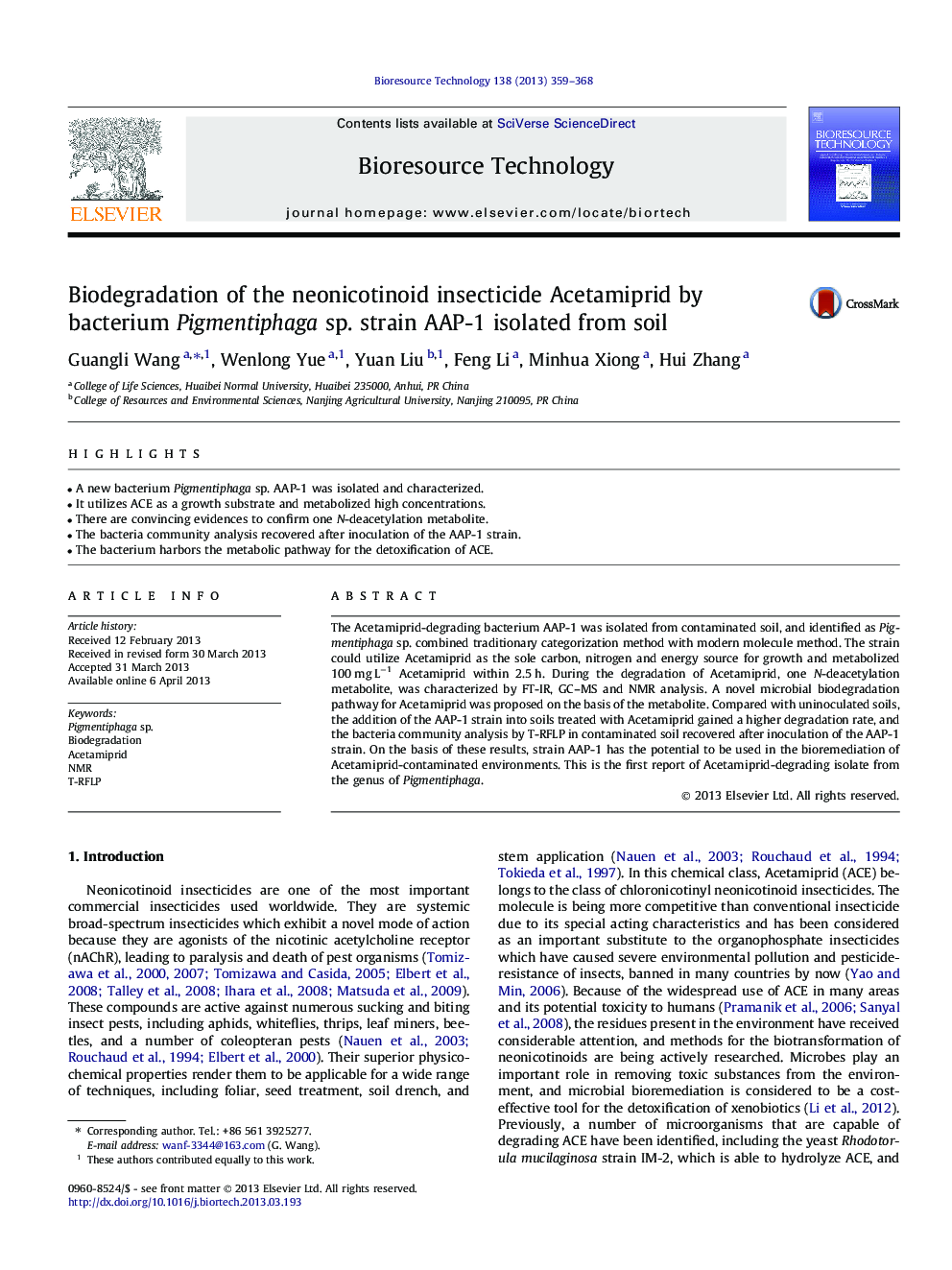 Biodegradation of the neonicotinoid insecticide Acetamiprid by bacterium Pigmentiphaga sp. strain AAP-1 isolated from soil