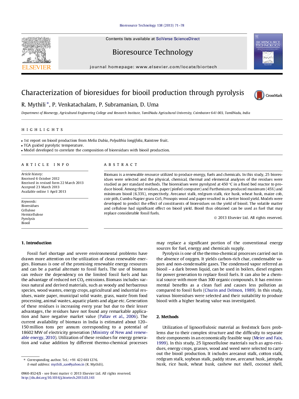 Characterization of bioresidues for biooil production through pyrolysis