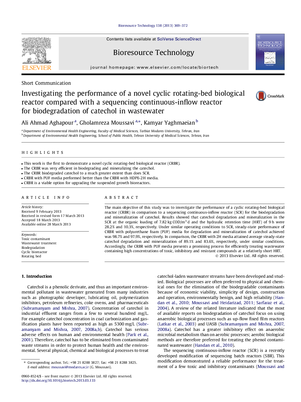 Investigating the performance of a novel cyclic rotating-bed biological reactor compared with a sequencing continuous-inflow reactor for biodegradation of catechol in wastewater