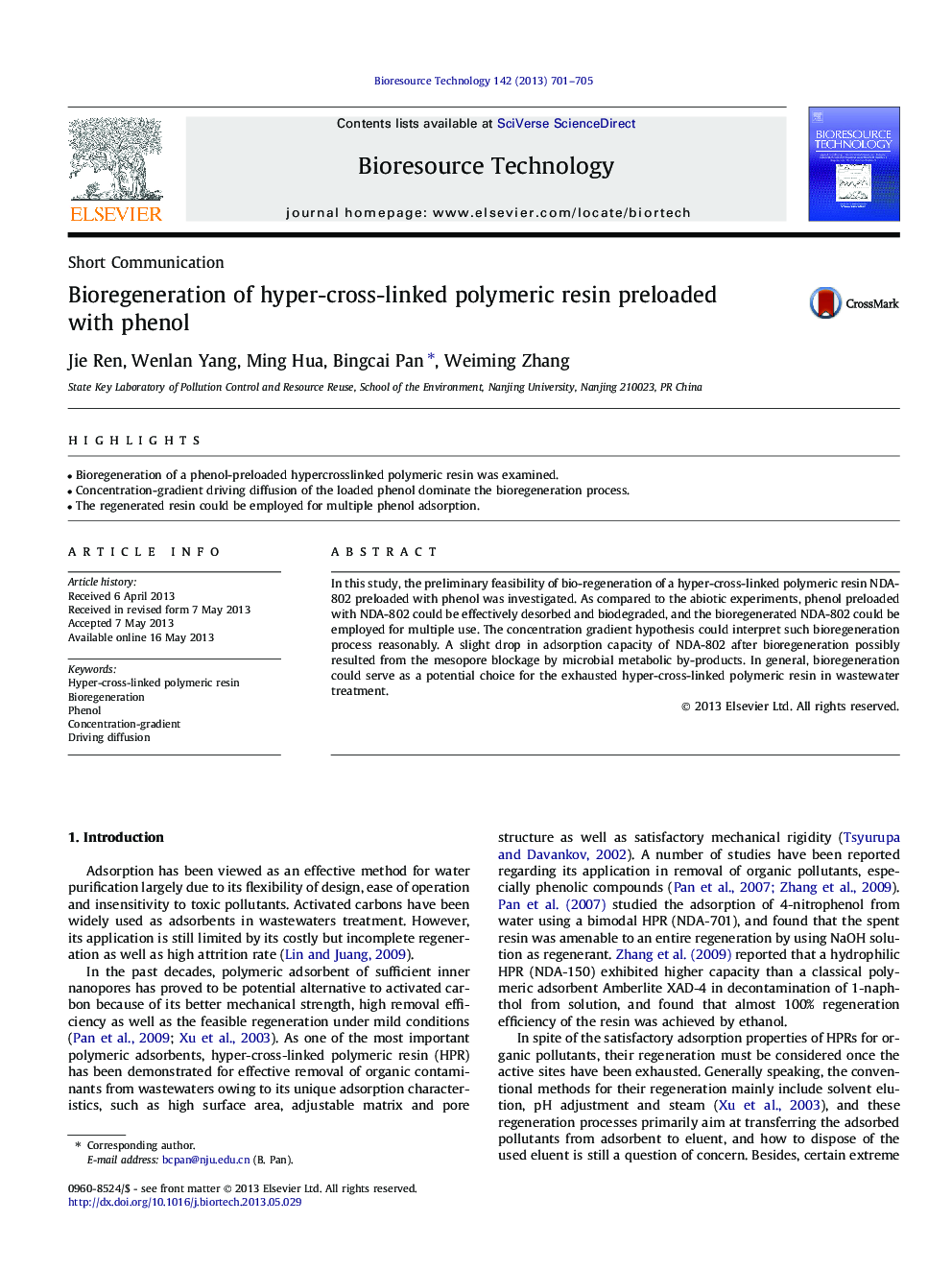 Bioregeneration of hyper-cross-linked polymeric resin preloaded with phenol