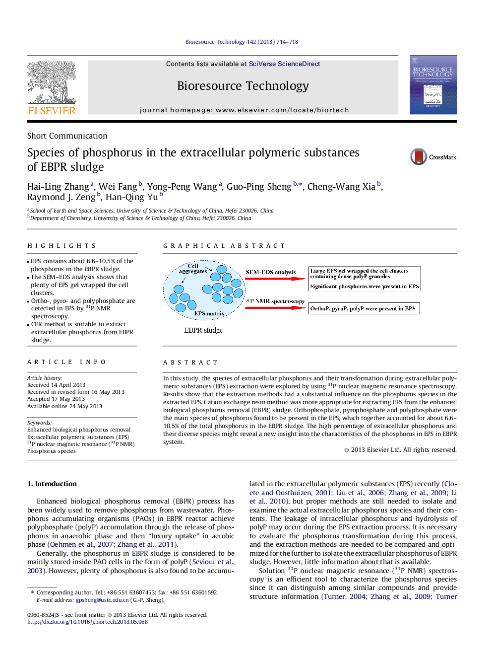 Species of phosphorus in the extracellular polymeric substances of EBPR sludge