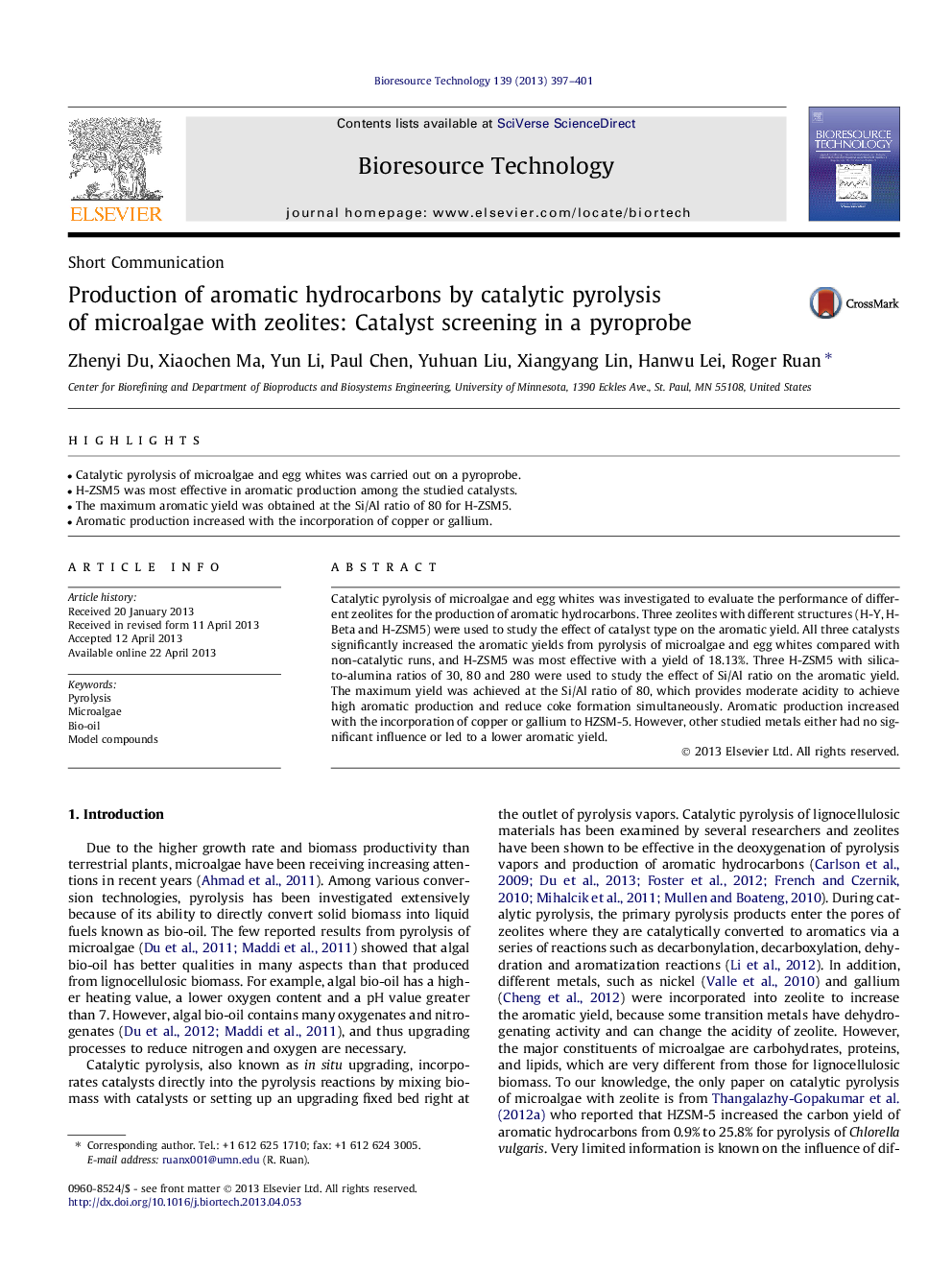 Production of aromatic hydrocarbons by catalytic pyrolysis of microalgae with zeolites: Catalyst screening in a pyroprobe