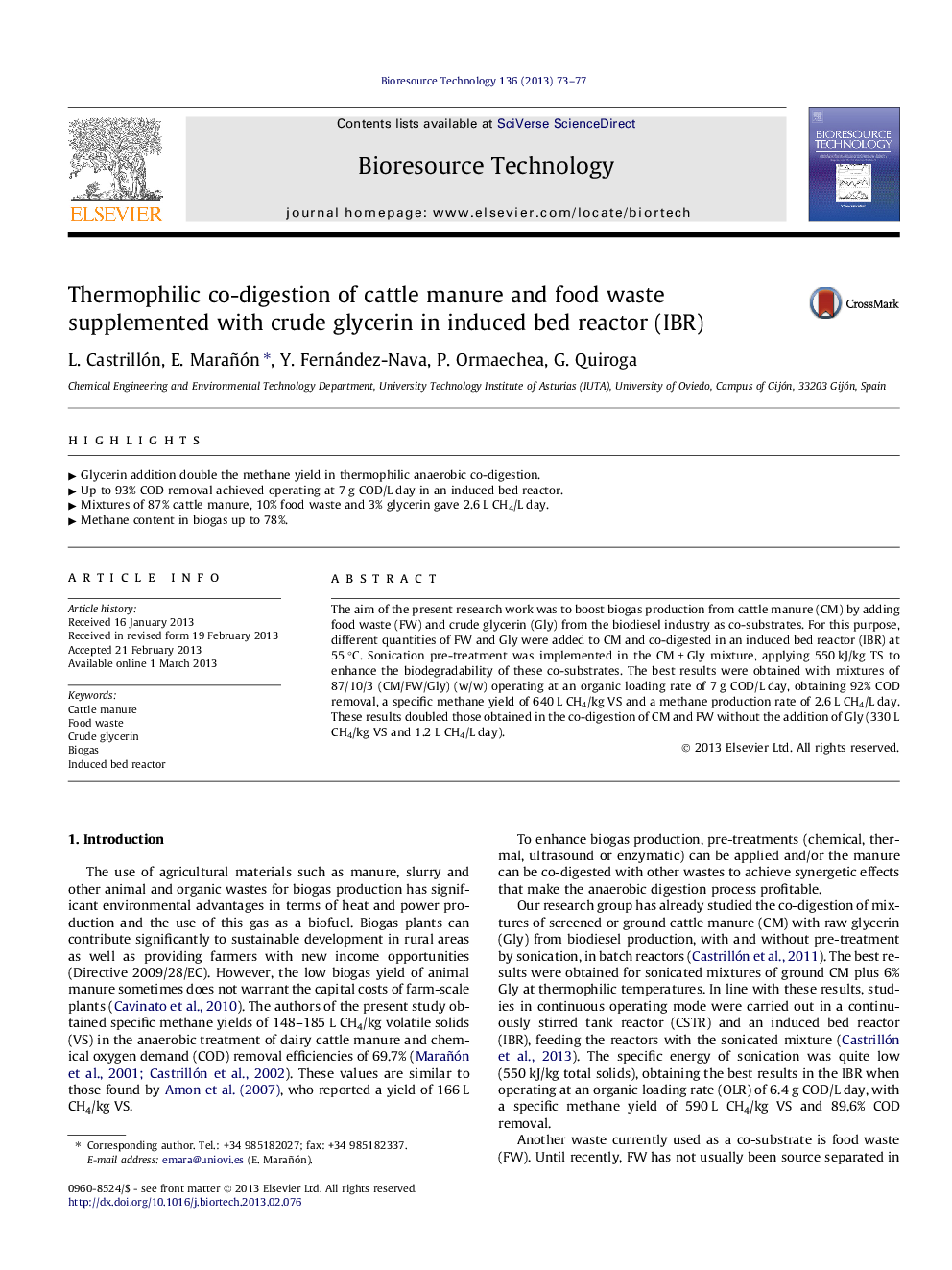 Thermophilic co-digestion of cattle manure and food waste supplemented with crude glycerin in induced bed reactor (IBR)