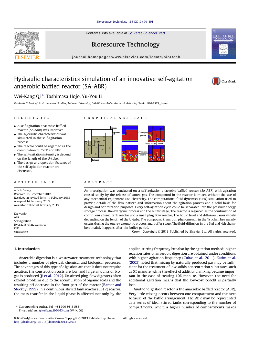 Hydraulic characteristics simulation of an innovative self-agitation anaerobic baffled reactor (SA-ABR)