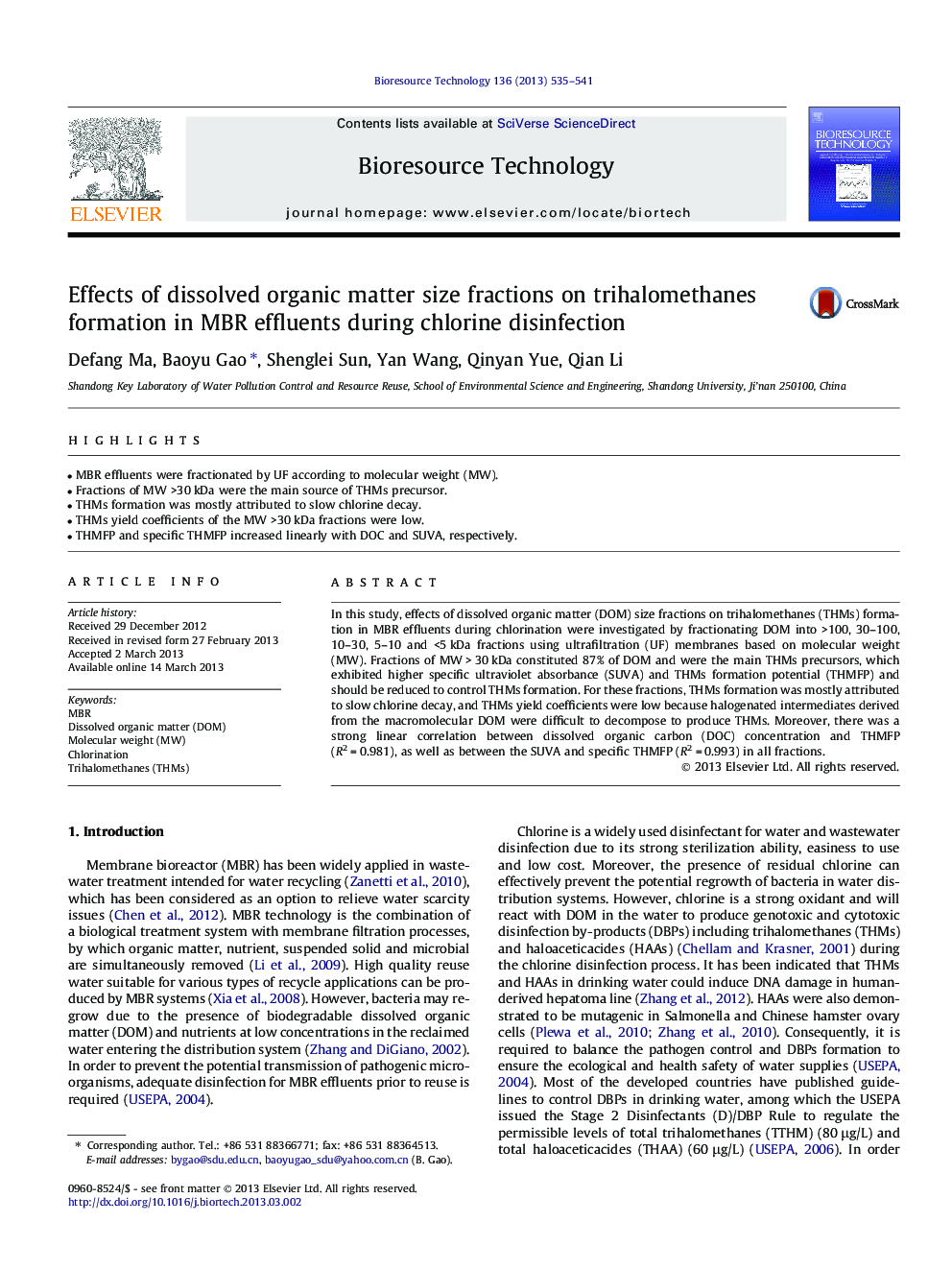 Effects of dissolved organic matter size fractions on trihalomethanes formation in MBR effluents during chlorine disinfection