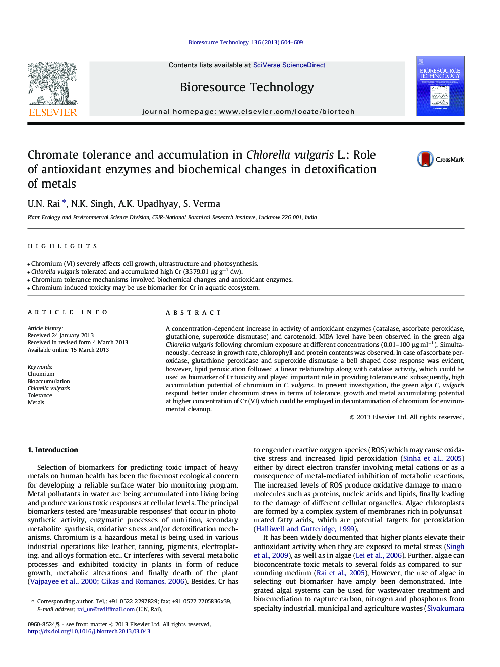 Chromate tolerance and accumulation in Chlorella vulgaris L.: Role of antioxidant enzymes and biochemical changes in detoxification of metals