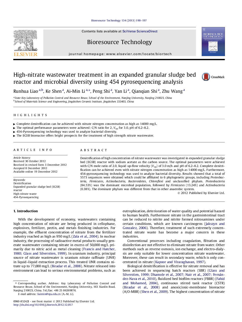 High-nitrate wastewater treatment in an expanded granular sludge bed reactor and microbial diversity using 454 pyrosequencing analysis