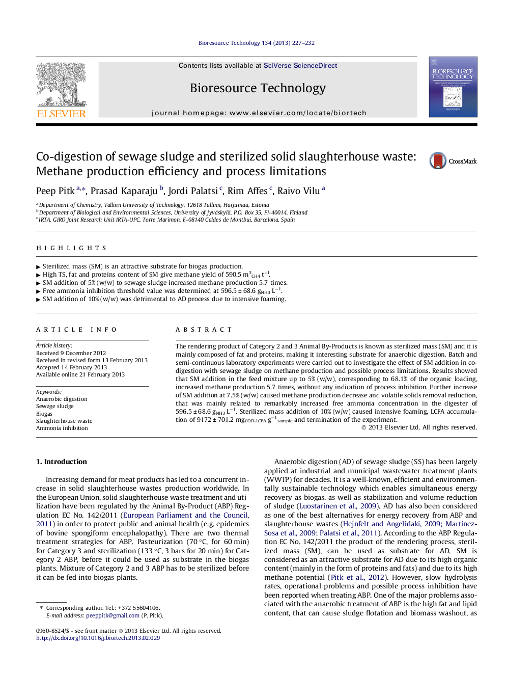 Co-digestion of sewage sludge and sterilized solid slaughterhouse waste: Methane production efficiency and process limitations