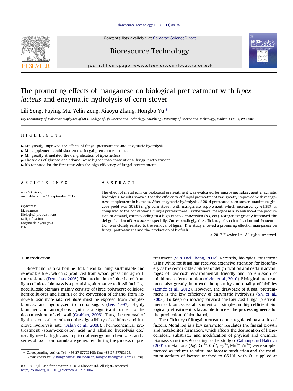 The promoting effects of manganese on biological pretreatment with Irpex lacteus and enzymatic hydrolysis of corn stover