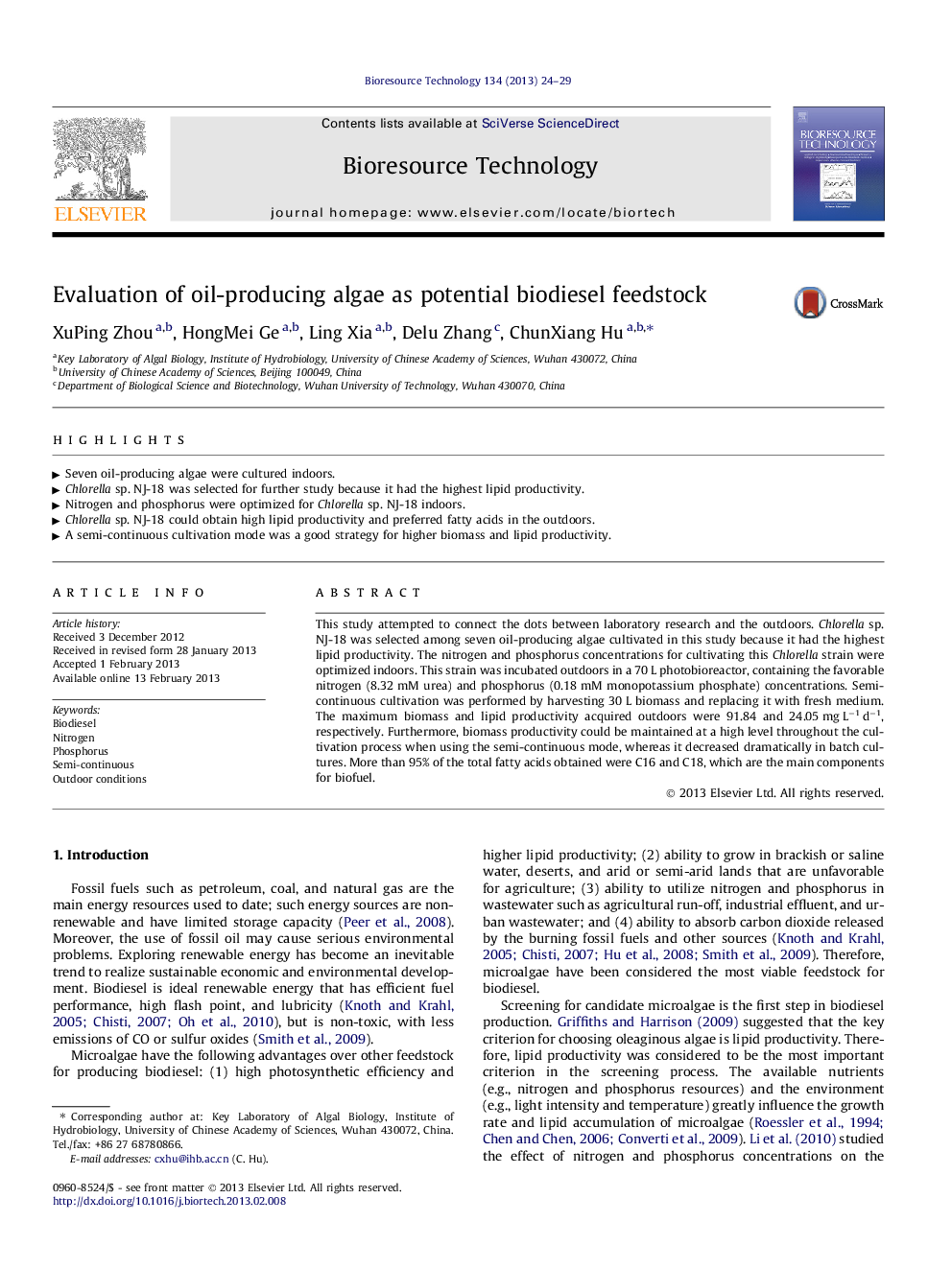 Evaluation of oil-producing algae as potential biodiesel feedstock