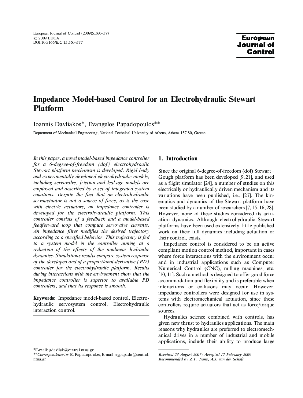 Impedance Model-based Control for an Electrohydraulic Stewart Platform