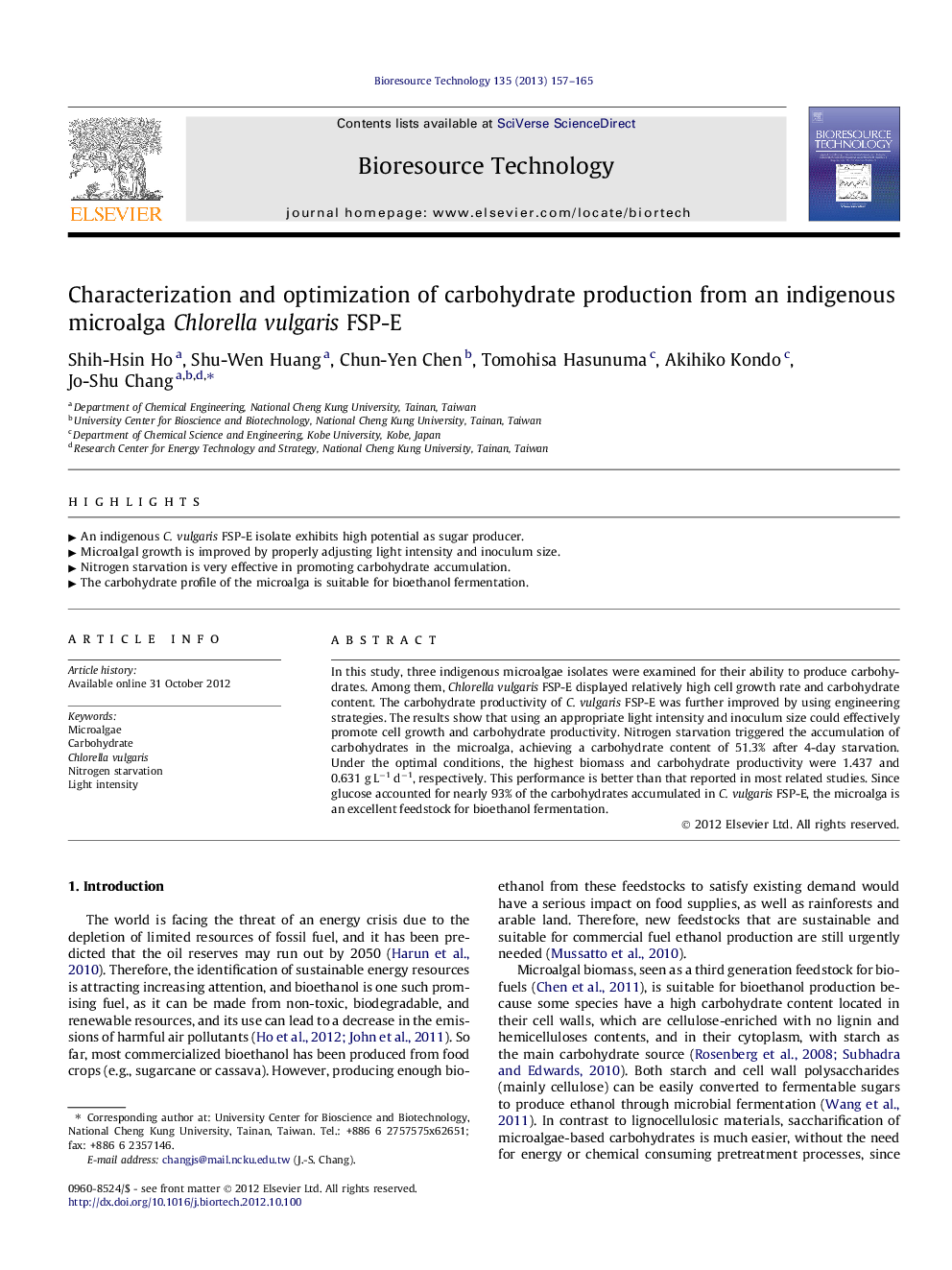 Characterization and optimization of carbohydrate production from an indigenous microalga Chlorella vulgaris FSP-E