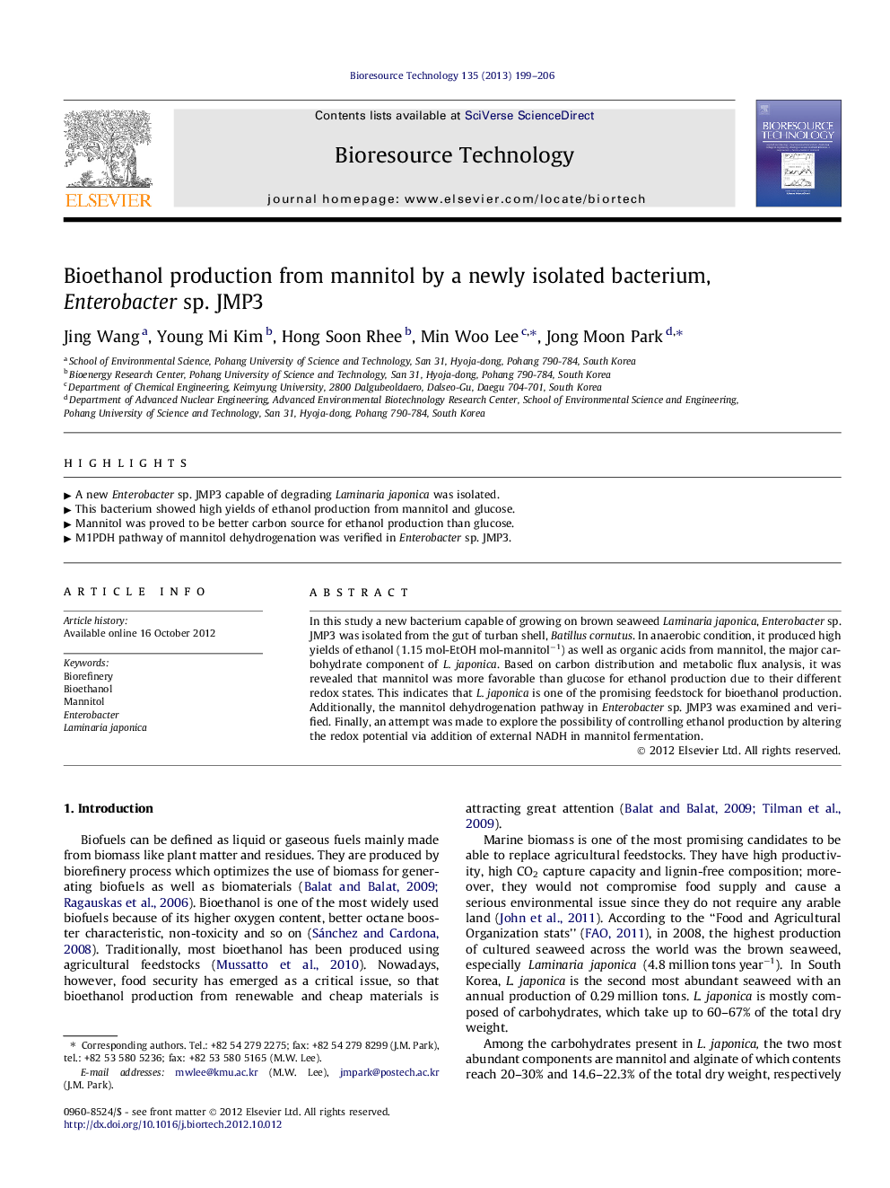 Bioethanol production from mannitol by a newly isolated bacterium, Enterobacter sp. JMP3