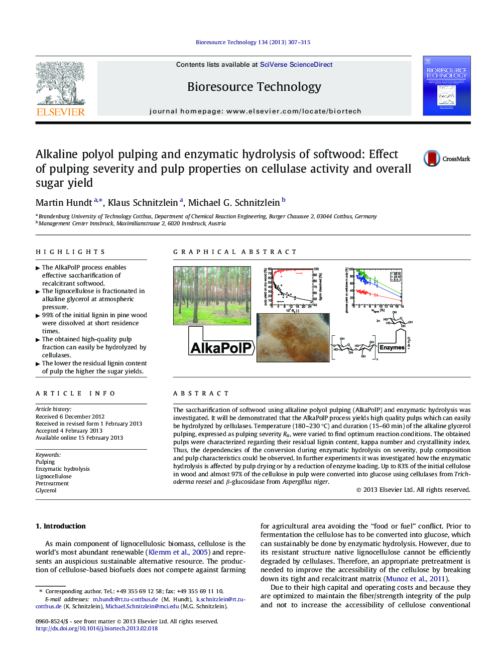 Alkaline polyol pulping and enzymatic hydrolysis of softwood: Effect of pulping severity and pulp properties on cellulase activity and overall sugar yield