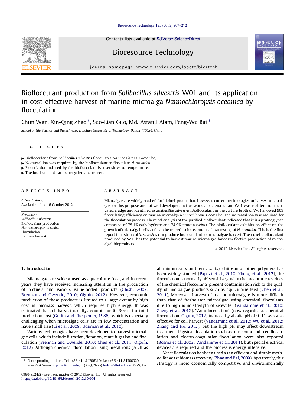 Bioflocculant production from Solibacillus silvestris W01 and its application in cost-effective harvest of marine microalga Nannochloropsis oceanica by flocculation