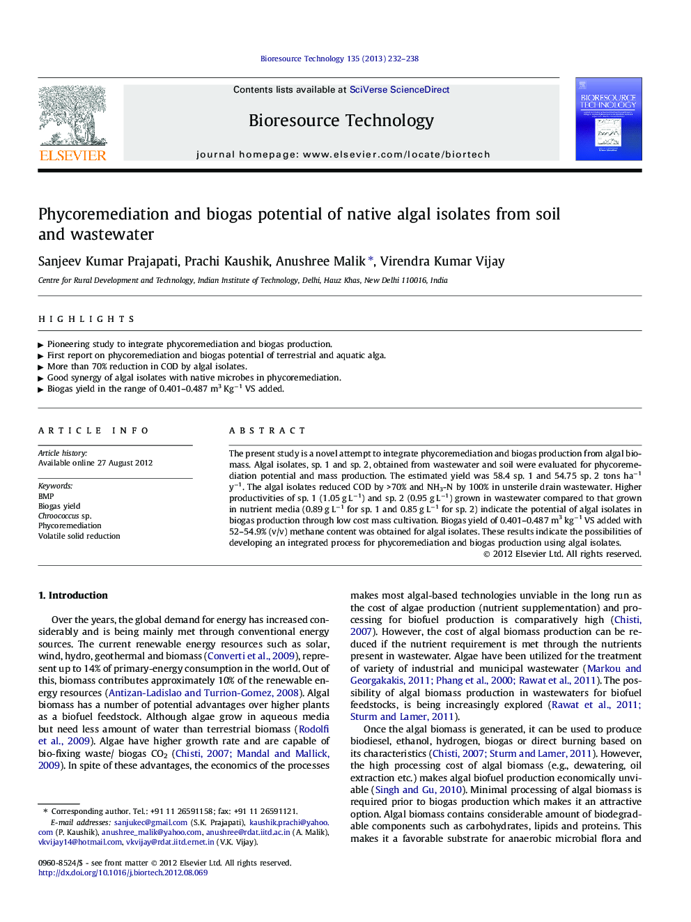 Phycoremediation and biogas potential of native algal isolates from soil and wastewater