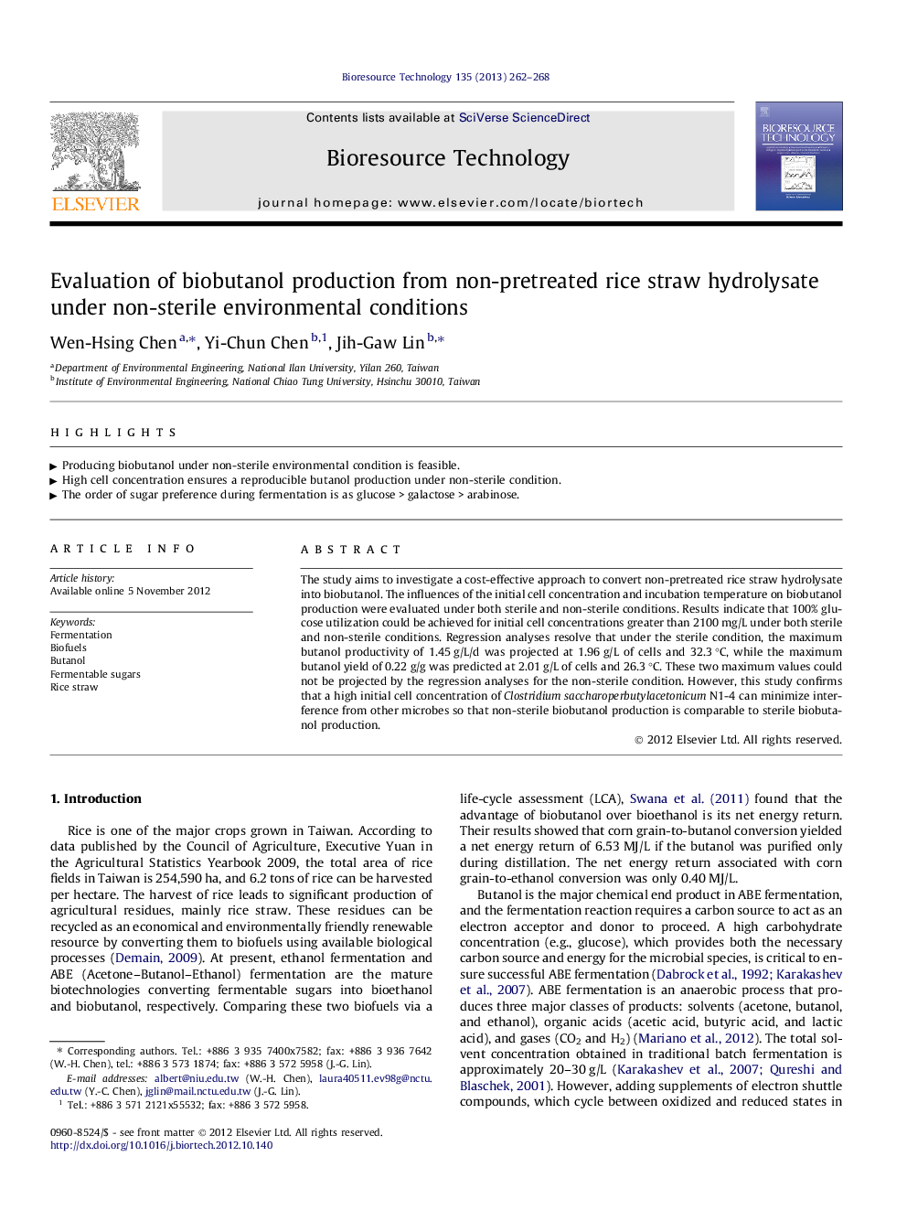 Evaluation of biobutanol production from non-pretreated rice straw hydrolysate under non-sterile environmental conditions