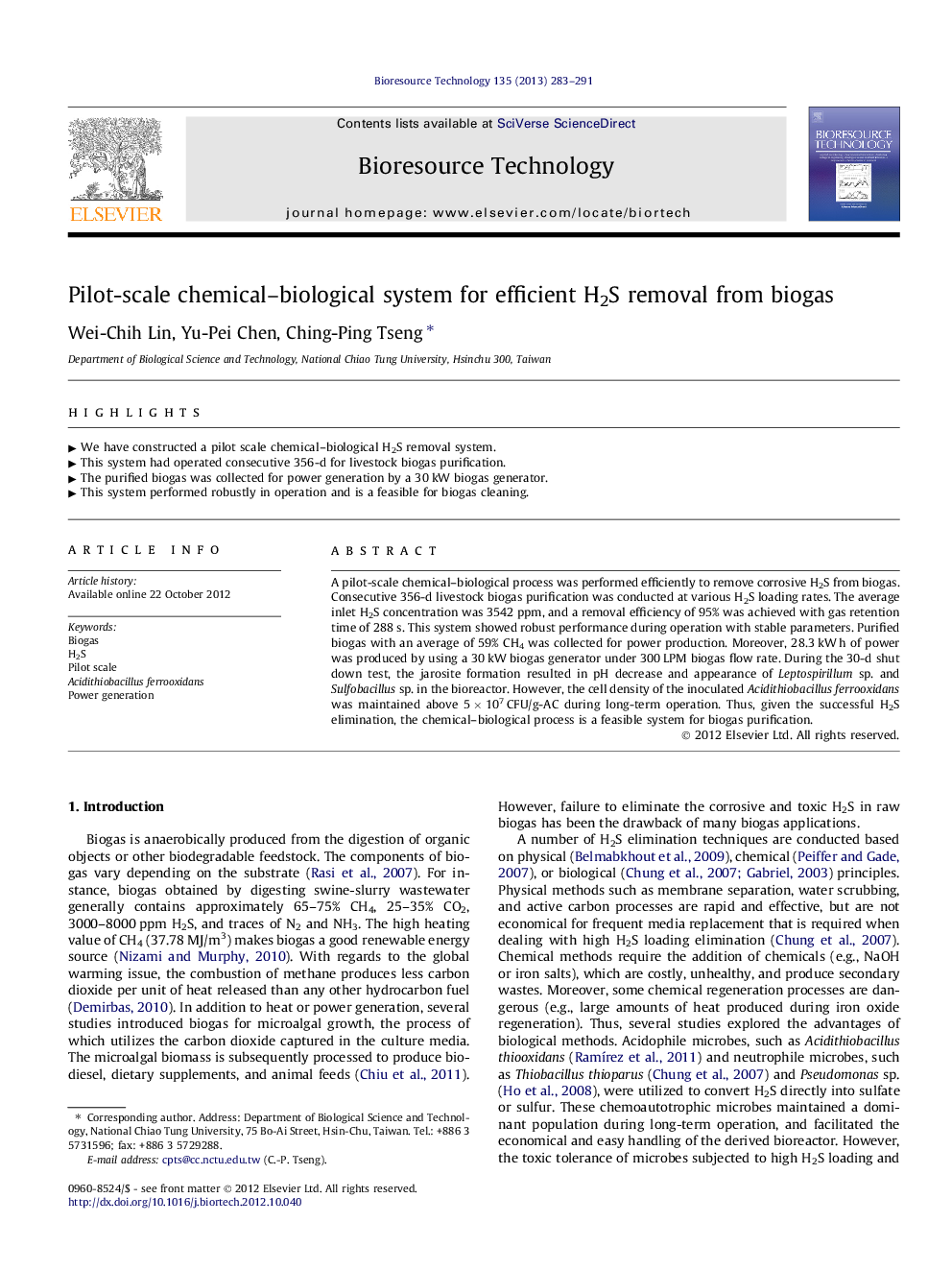 Pilot-scale chemical-biological system for efficient H2S removal from biogas