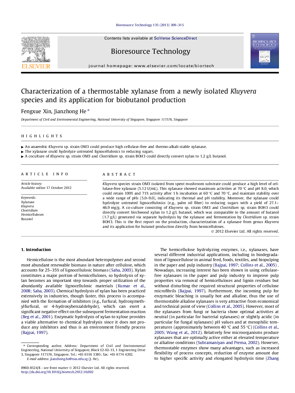 Characterization of a thermostable xylanase from a newly isolated Kluyvera species and its application for biobutanol production