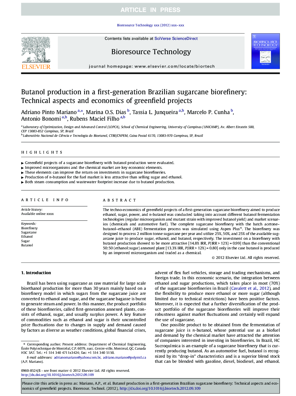عکس صفحه اول مقاله: Butanol production in a first-generation Brazilian sugarcane biorefinery: Technical aspects and economics of greenfield projects Butanol production in a first-generation Brazilian sugarcane biorefinery: Technical aspects and economics of greenfield projects