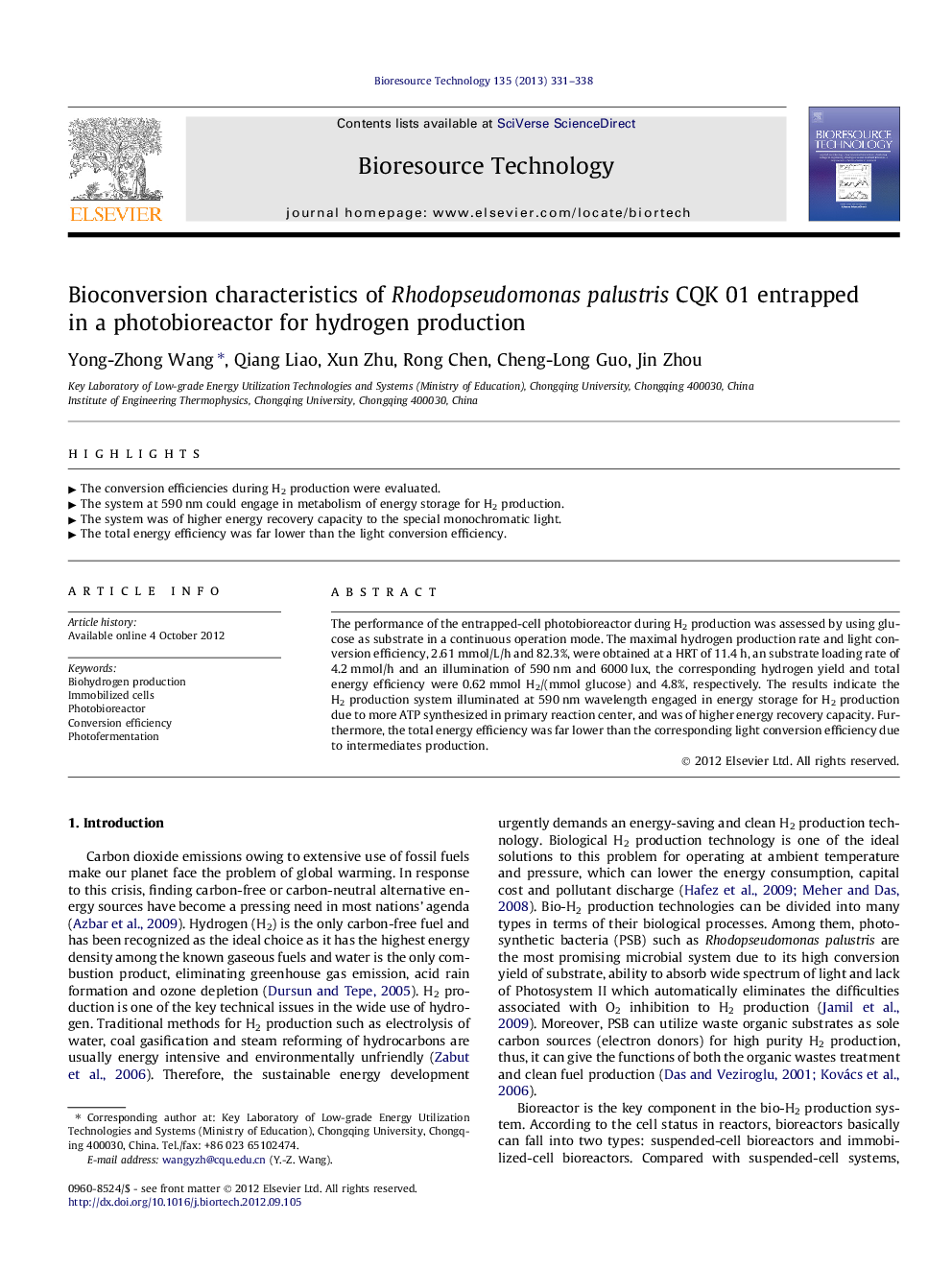 Bioconversion characteristics of Rhodopseudomonas palustris CQK 01 entrapped in a photobioreactor for hydrogen production